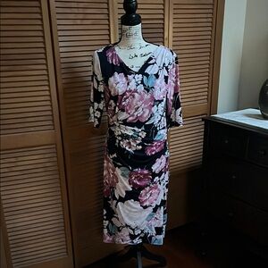 Connected Apparel Floral Midi Dress - Black and Pink